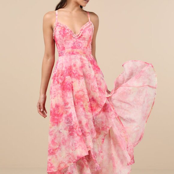 Lulus Desdra Pink Floral Ruffled Tiered High-low Maxi Dress - Size XS - Picture 1 of 6